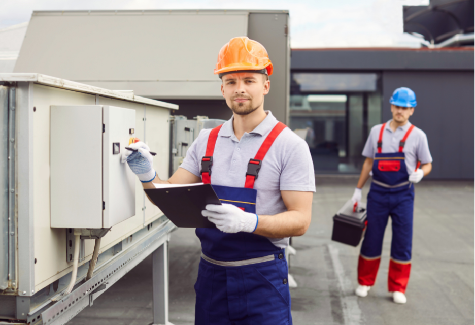 A technician with an orange hard hat and blue coveralls is in the foreground looking towards the camera with a clipboard in his left hand while his right hand holds a pen as if he is going to write on a conduit box.  A technician with a blue hard hat and blue coveralls is in the background holding a tool box in his right hand and a screwdriver in his left.